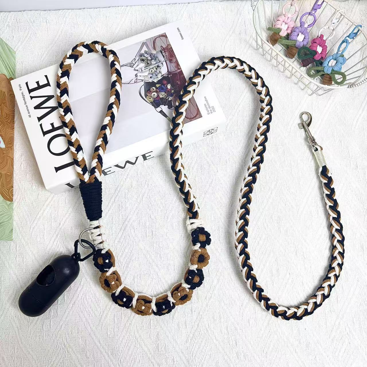 Black & Brown | 9-Flower Handwoven Decorative Dog Leash