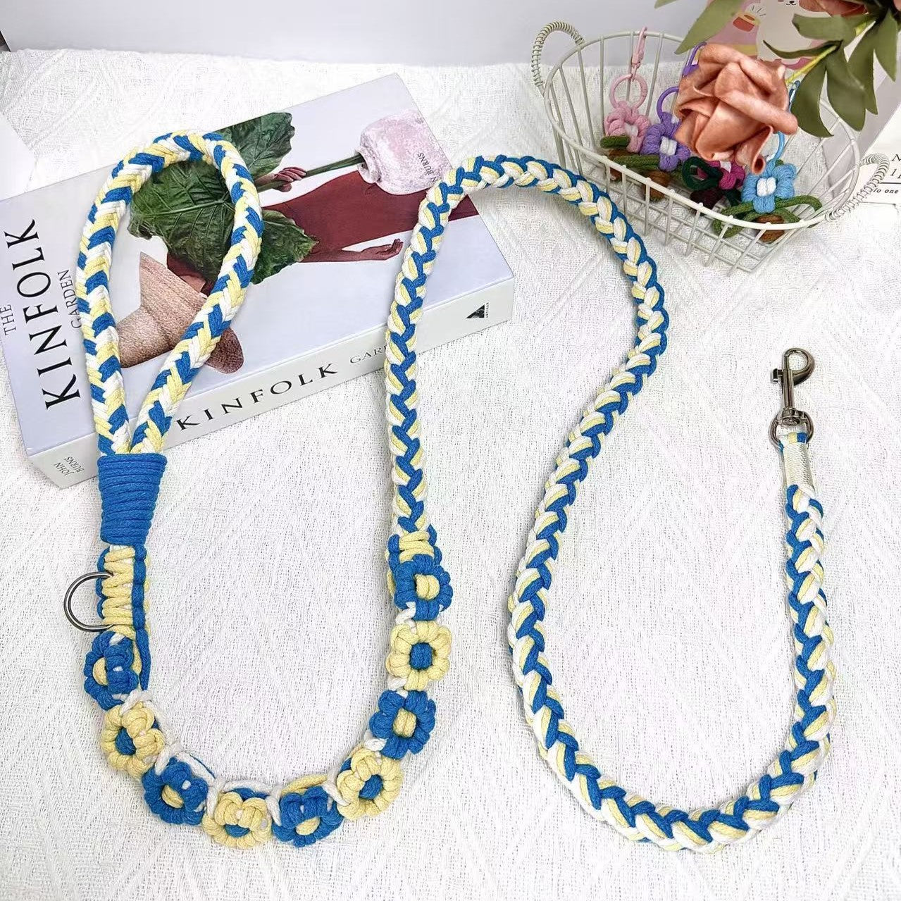 Blue & Yellow | 9-Flower Handwoven Decorative Dog Leash