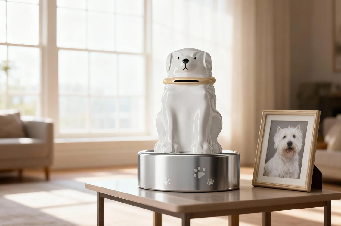 dog urn placed in a quiet home memorial space