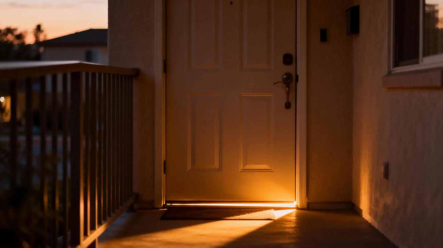A quiet apartment entryway at dusk, symbolizing coming home and the silence after losing a dog