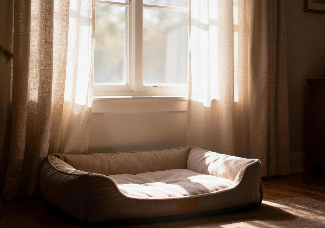 Empty pet bed in warm home, grieving the loss of a pet