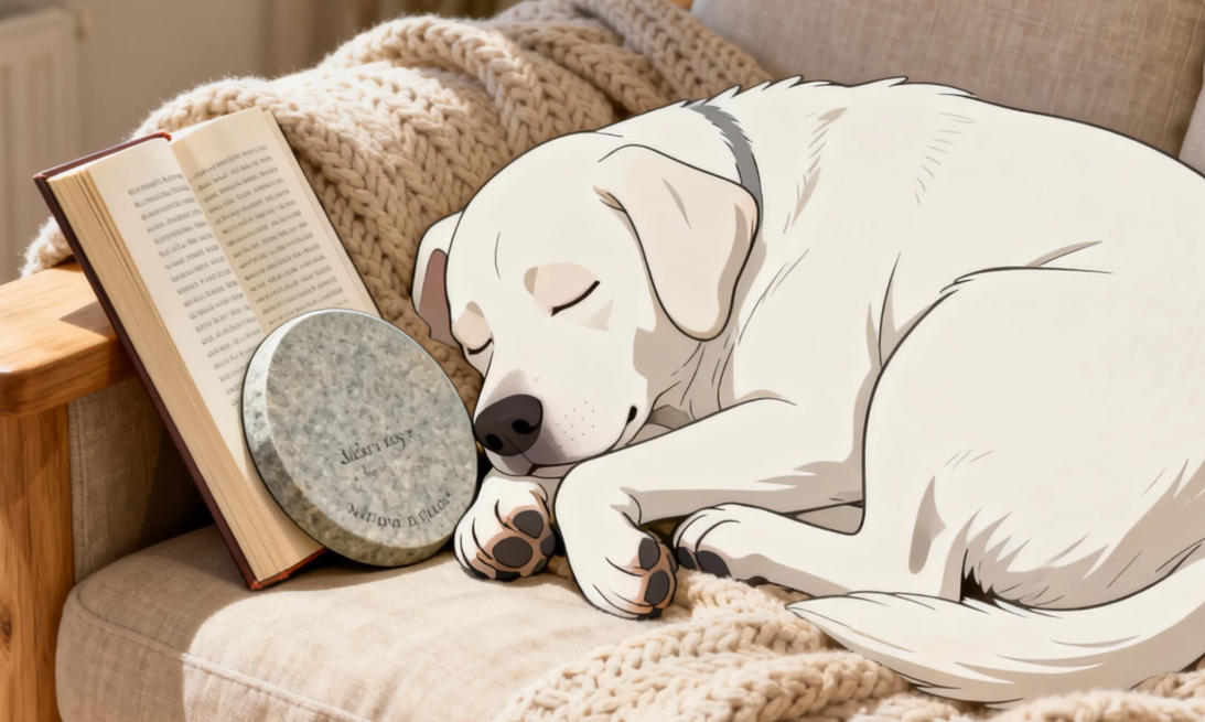 In a serene living room corner, a sleeping cat rests near a simple stone pet memorial plaque, bathed in soft natural light.