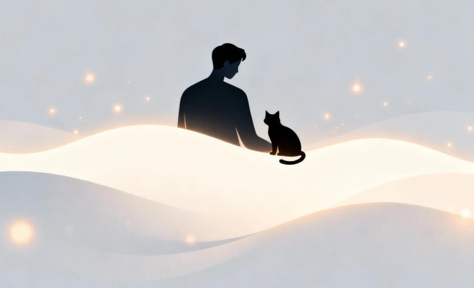 A person and a cat sitting together, looking towards the light—a quiet moment of companionship that reflects the love preserved in a pet memorial urn.