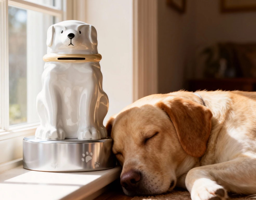 The Perfectails memorial urn beside a pet, representing love and peaceful remembrance.