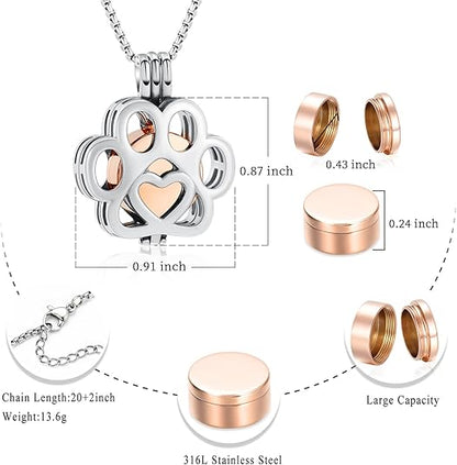 Dog/Cat Paw Ashes Stainless Steel Memorial Box Urn Necklace