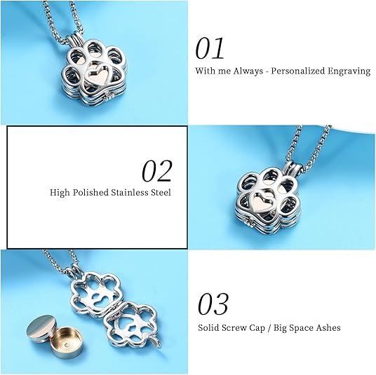 Dog/Cat Paw Ashes Stainless Steel Memorial Box Urn Necklace