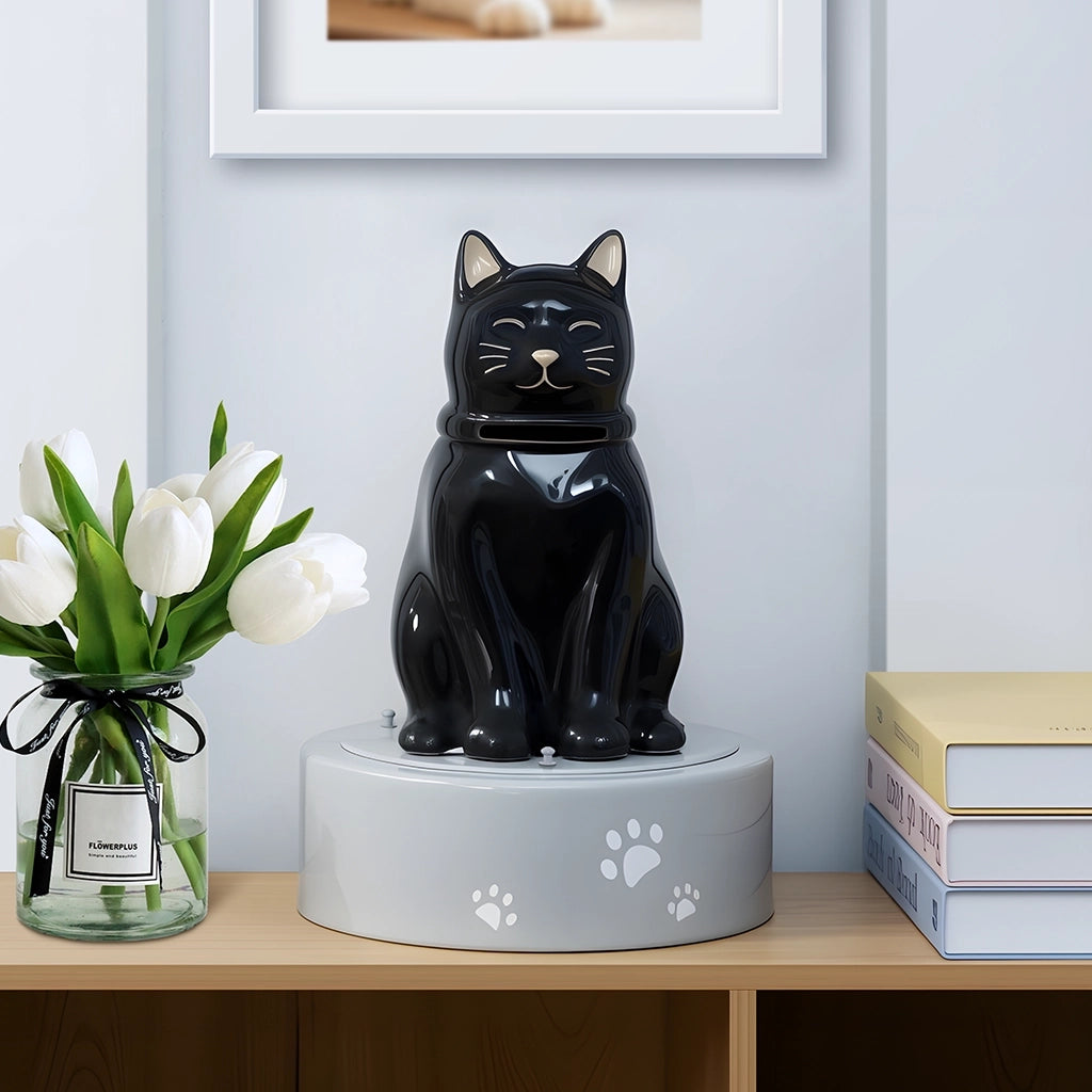 black cat urns on the desk