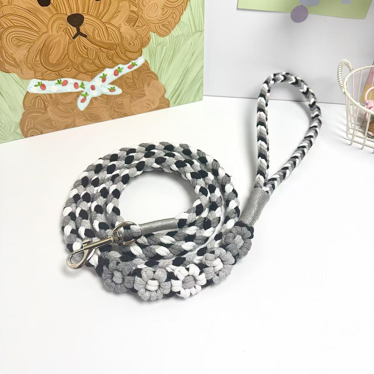 Black & Gray | 5-Flower Handwoven Decorative Dog Leash