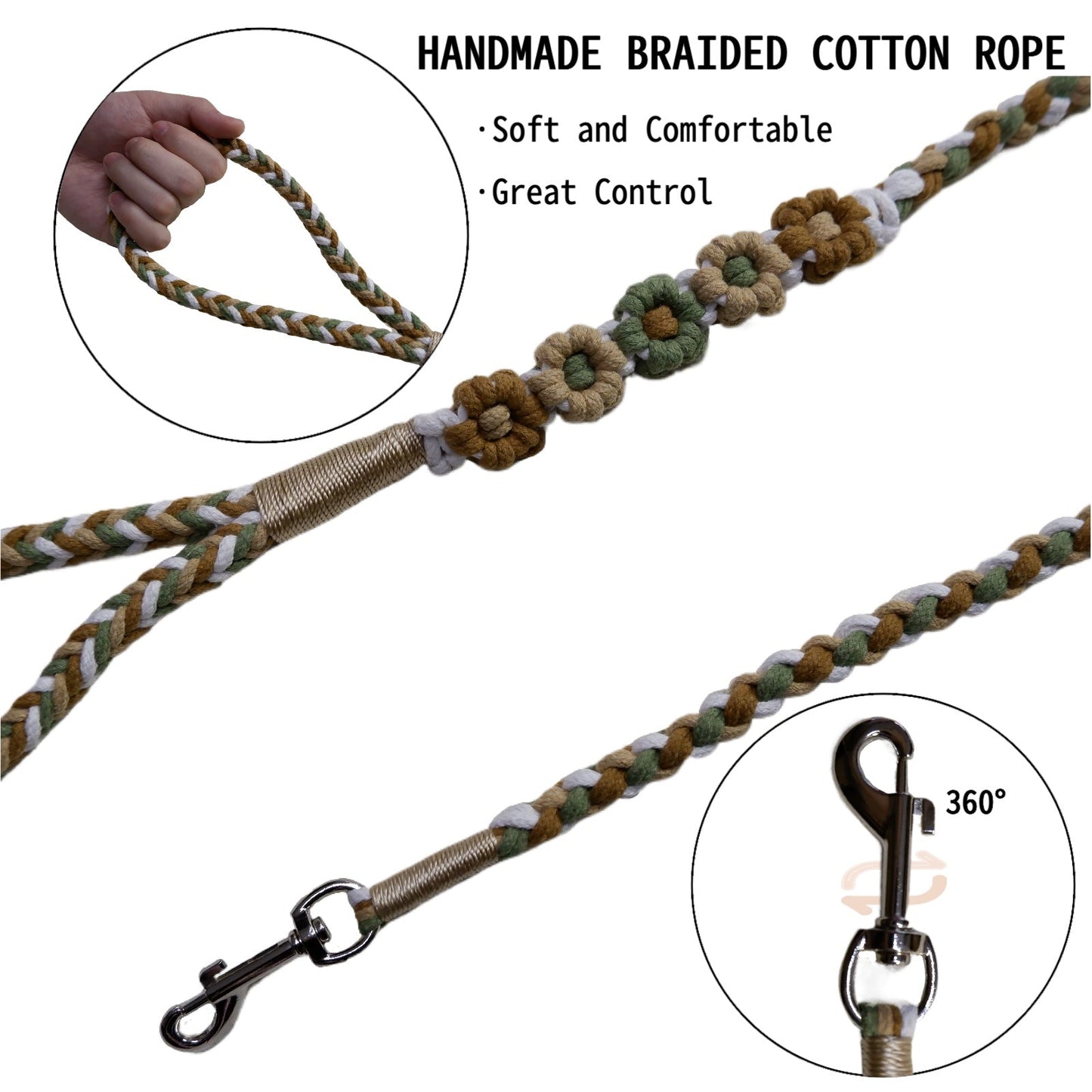 Brown & Green | 5-Flower Handwoven Decorative Dog Leash