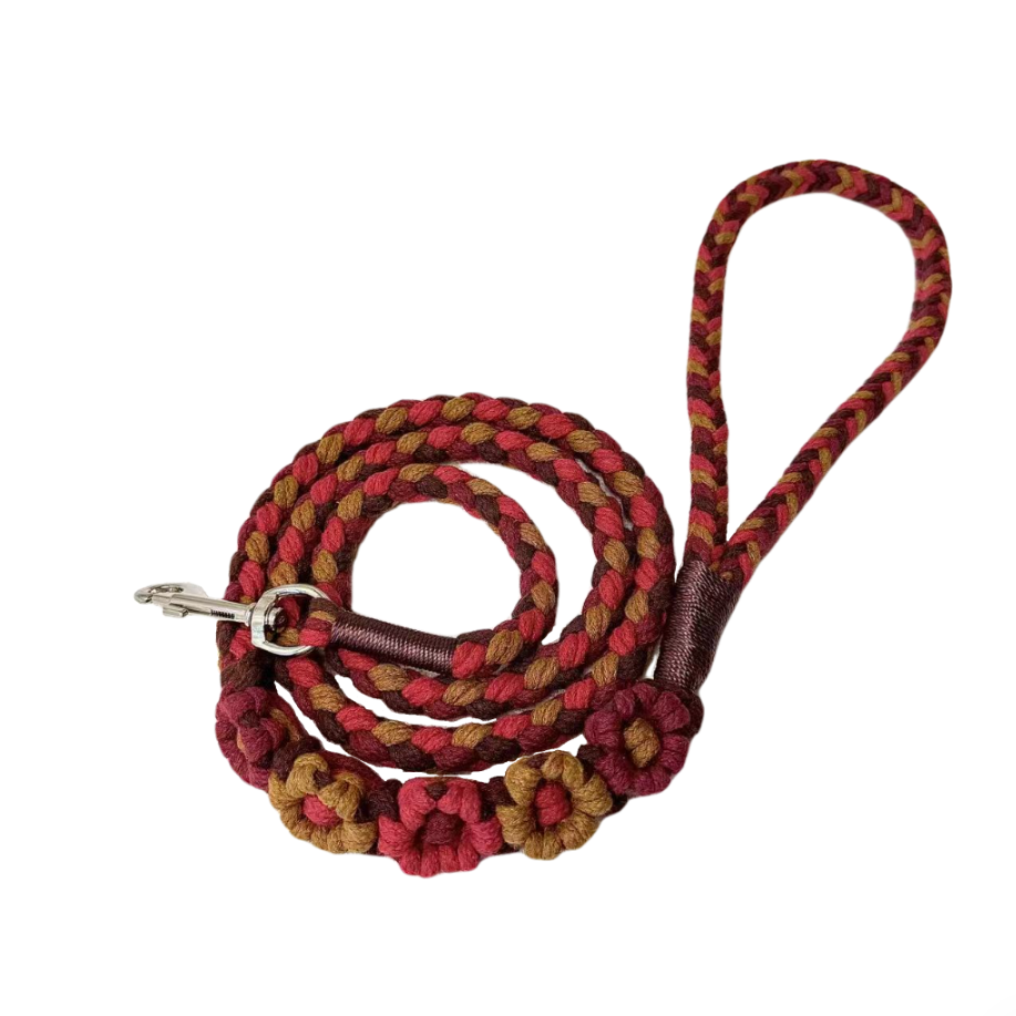 Red & Brown | 5-Flower Handwoven Decorative Dog Leash