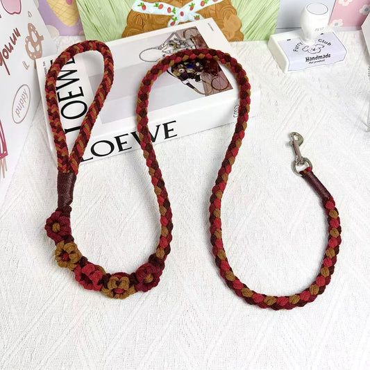 Red & Brown | 5-Flower Handwoven Decorative Dog Leash