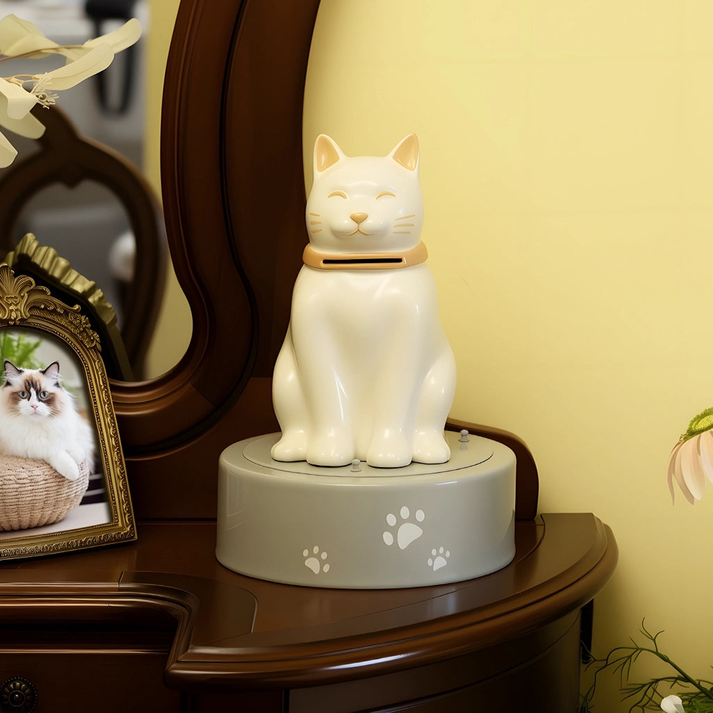 white cat urns on the Beautiful desk