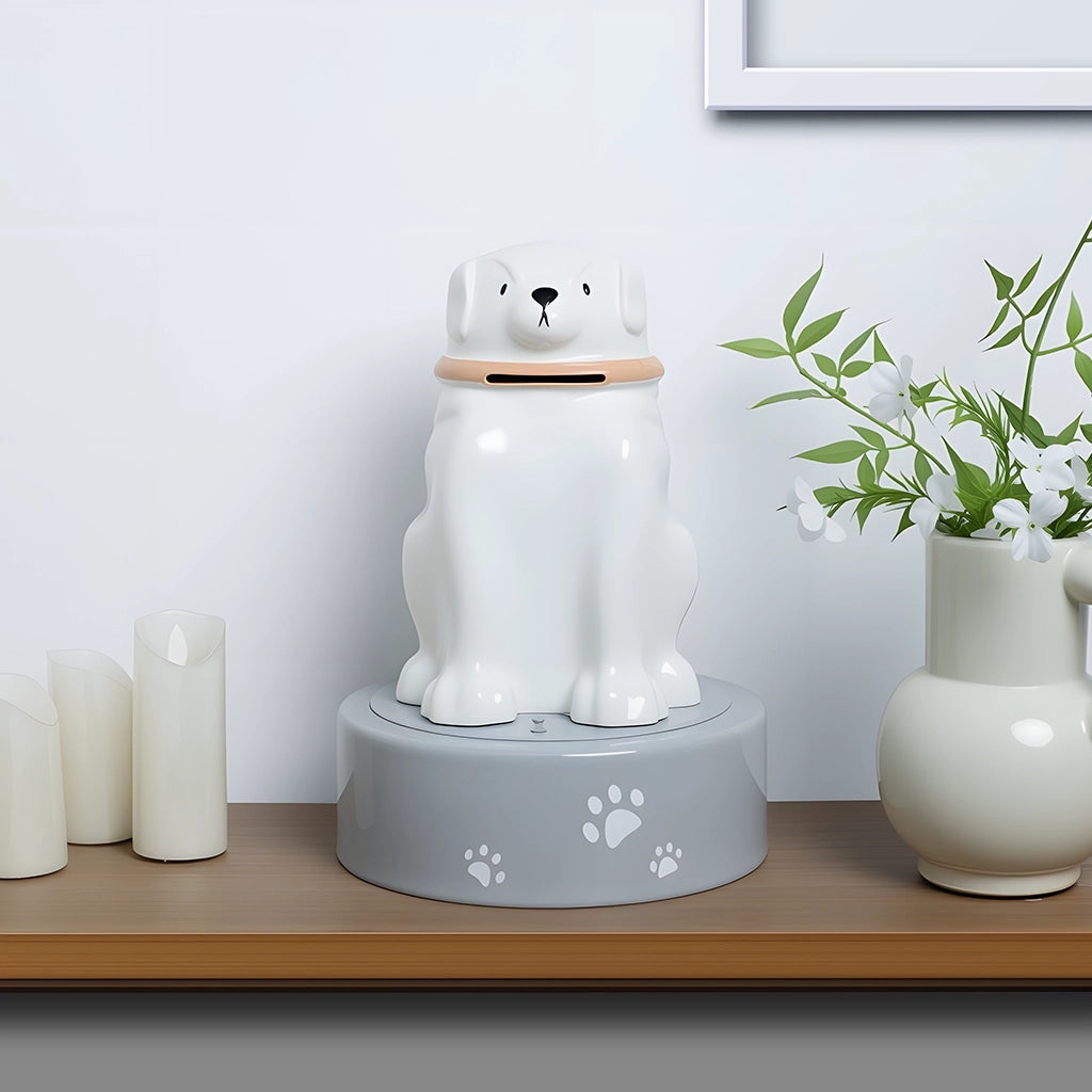 white dog urn is on the desk