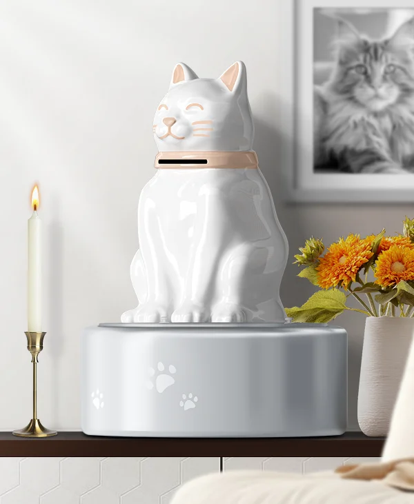 cat urn: white cat urn is on the desk